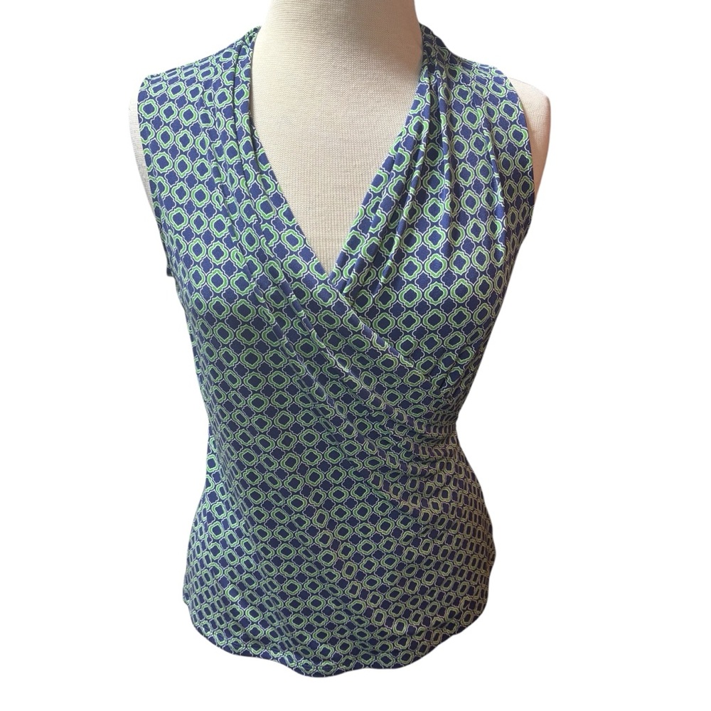 Tahari Blue & Green Geometric Print Cross Body‎ Sleeveless Top Women's
Medium